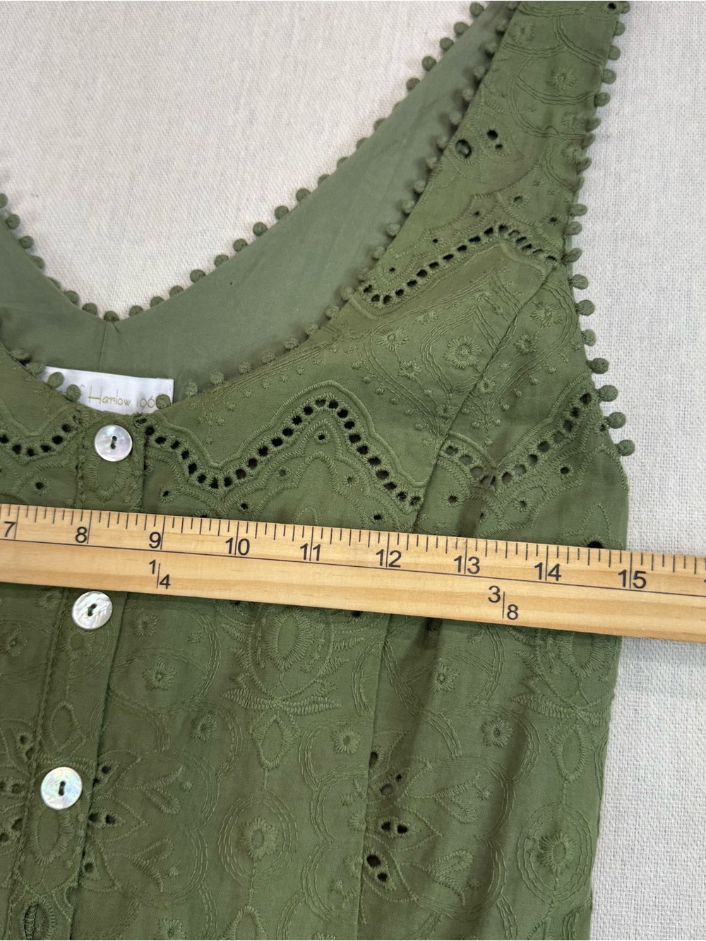House Of Harlow 1960 Drop Waist Eyelet Faux Button Front Dress Olive Green Sz 6 - Picture 8 of 14